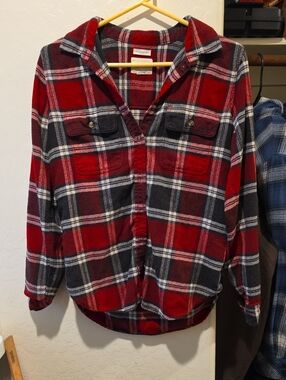 American Eagle Red and Black Plaid Button-Up